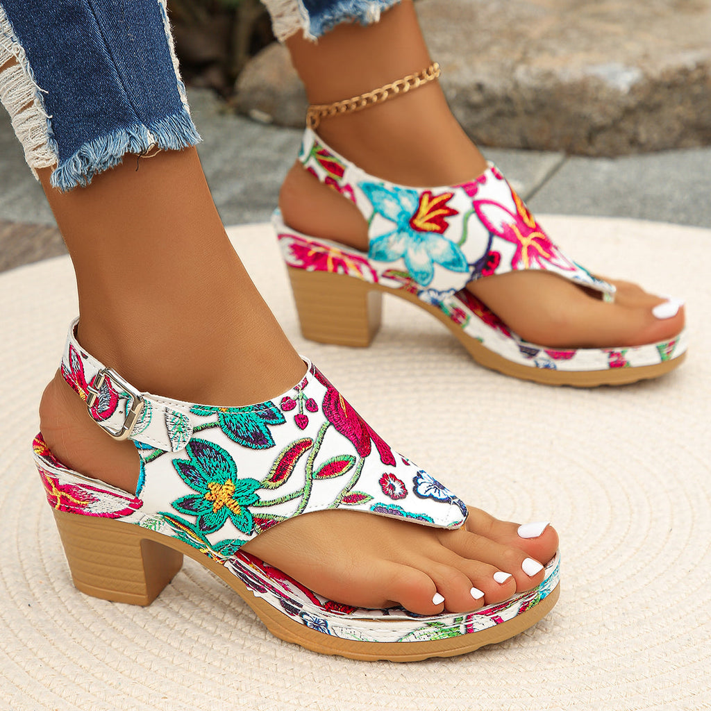 White Floral Print Block Heel Sandals product view 1 - Puuky