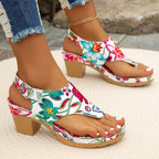 White Floral Print Block Heel Sandals product view 1 - Puuky