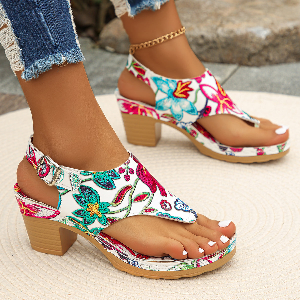 White Floral Print Block Heel Sandals product view 1 - Puuky