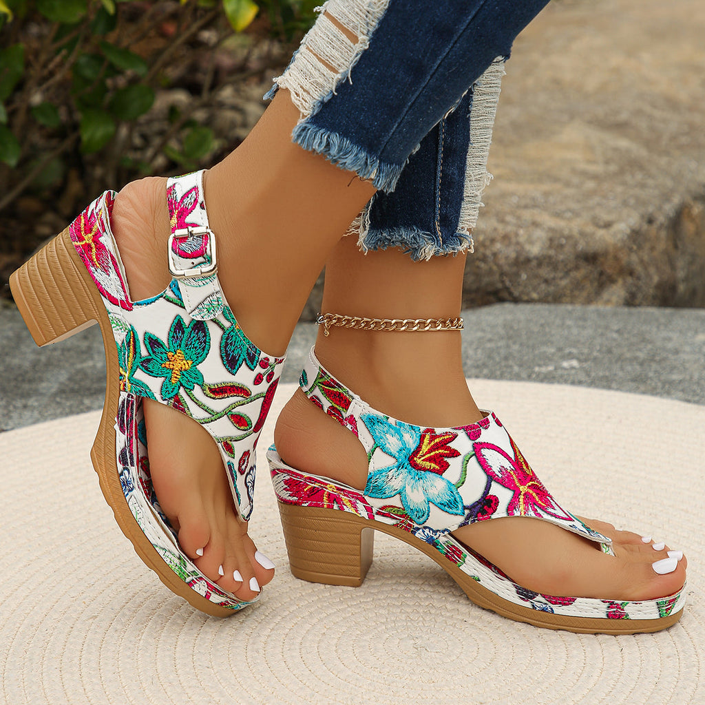 Floral Print Block Heel Sandals product view 2 - Puuky