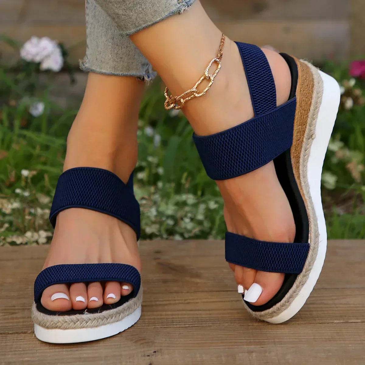 Blue Elastic Strap Platform Wedge Sandals product view 1 - Puuky