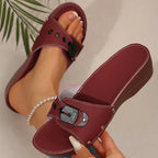 Red Buckle Strap Wedge Slide Sandals product view 1 - Puuky